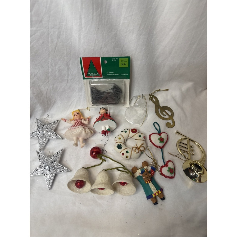 Lot of Vintage Christmas Ornaments Girl Mold Glass Sugared Bell Brass Doll Horn
